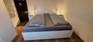 a bed in a room with a white bed frame at Chalet Casa Rosina in Adelboden