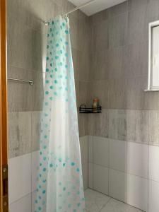 a shower with a blue shower curtain in a bathroom at Apartman Riverside Ripač in Ripač +28 photos