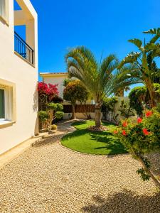 a garden with palm trees and a house at Unique Beach Luxurious Villas in Ayia Napa
