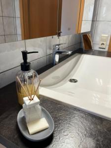 a bathroom counter with a sink and a bottle of soap at Ferienwohnung Zum Rottweiler Städtle - Erdgeschosswohnung in Rottweil