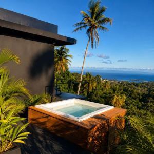 a hot tub on the side of a house with a palm tree at AGV II Cayo View in Monte Rojo