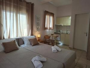 una camera d'albergo con due letti e una cucina di Babis a Città di Skiathos
