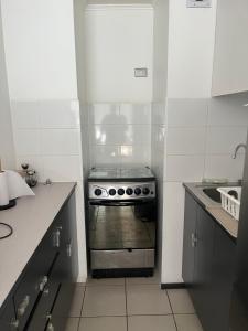 a small kitchen with a stove and a sink at Plaza Cervante II in Santiago +17 photos