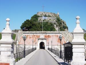 a bridge with a mountain in the background at Corfu Villa Poulos in Astrakeri