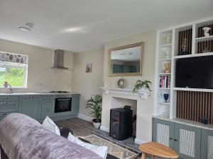 a living room with a couch and a fireplace at Meadow View in Kilkenny