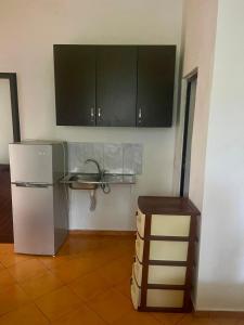 a kitchen with a stainless steel refrigerator and a sink at Mani rooms in Durrës