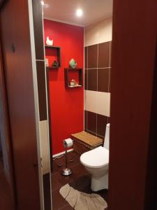 a bathroom with a toilet and a red wall at 2 precu 17 in Daugavpils
