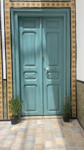 a blue garage door with two potted plants in front at Beit Khalifa in Kairouan