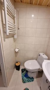 a small bathroom with a toilet and a sink at Дом у моря in Suurupi