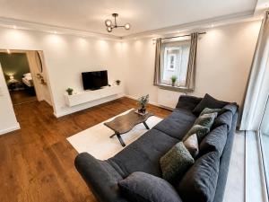a living room with a black couch and a television at Modernes Designer-Apartment in ruhiger Lage in Soltau