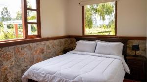 a bedroom with a large bed with two windows at Hotel la Mana Nobsa in Nobsa