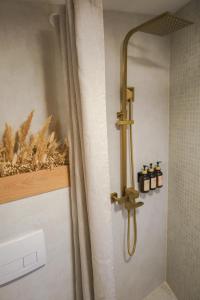 a bathroom with a shower with four bottles on the wall at ETER Yurt Retreat in Stanišinci