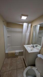 a bathroom with a toilet and a sink and a shower at Slumberland Motel Mount Holly in Mount Holly +44 photos