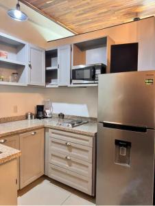 a kitchen with a stainless steel refrigerator and white cabinets at Suites Central in Guadalajara