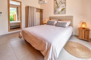 a bedroom with a large bed and a mirror at Dlo Lanmou in Ducos