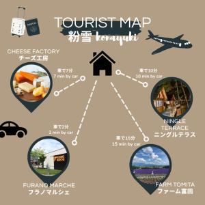a collage of photos of the tourist map at Powder Snow 粉雪 in Furano +46 photos