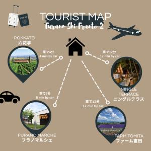 a collage of photos of the tourist map of france and farms at Furano Ski Frante 2 in Furano