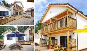 three pictures of a house with a deck and an umbrella at Samcheok lime pension in Samcheok
