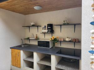 a kitchen with a counter with a sink and a microwave at Vila Casa Esy in Eforie Nord