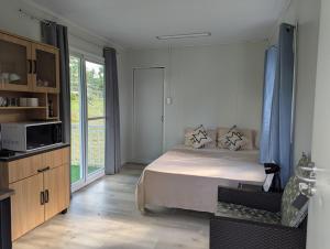 a bedroom with a bed with a microwave and a window at AsunEus Farm in Carmen