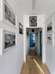 a hallway with paintings on the walls of a room at Stufstock Hostel in Sulina