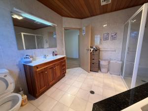 a bathroom with a sink and a shower and a toilet at Central Private Room - Stroll to ANU & City in Turner