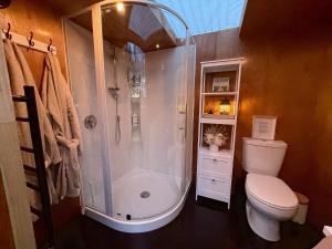 a bathroom with a shower and a toilet at Forest Hillside Glamping Retreat in Lochiel