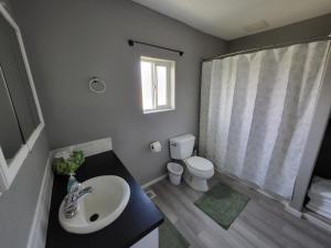 a bathroom with a sink and a toilet and a window at Grove Street Couplet #2 in Baker City +33 photos