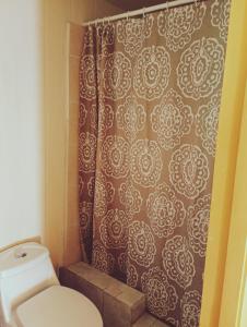 a bathroom with a shower curtain and a toilet at Beautiful cabin on Easter Island in Hanga Roa