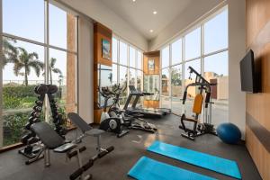 a gym with treadmills and exercise equipment and windows at Ramada by Wyndham Bodh Gaya Mahabodhi in Bodh Gaya