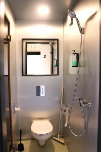 a bathroom with a toilet and a shower at PRIVAATNE Metsamajake SAUNAGA "KOHIN" in Sigula