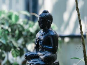 a statue of a buddha sitting on a plant at Shampagne Villa in Cochin