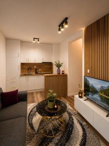 a living room with a couch and a tv at Urban Nest Tuzla in Tuzla