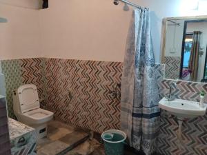 a bathroom with a toilet and a sink at The Explorer's Den in Munsyari +24 photos