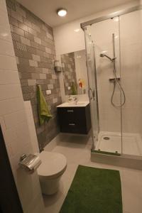 La salle de bains est pourvue d'une douche, de toilettes et d'un lavabo. dans l'établissement Apartment Mona Warsaw przy stacji metra, à Varsovie