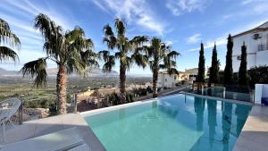 a swimming pool with palm trees and a view at Villa Titulabo in Orba