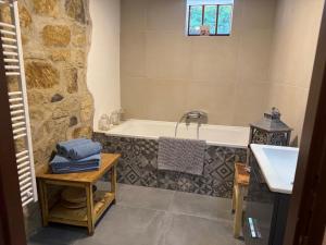 a bathroom with a bath tub and a sink at Apartmán Rozárka Chřibská in Nieder Kreibitz +42 photos