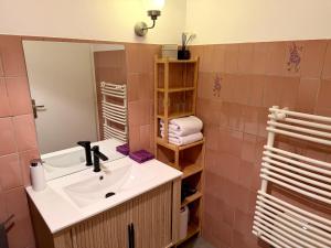 a bathroom with a sink and a mirror and towels at Studio cosy à Molsheim Calme, centre-ville et accès Strasbourg in Molsheim +12 photos