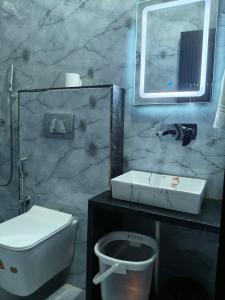 a bathroom with a sink and a toilet and a mirror at Amrit hotel & resort in Nārāyanpur +17 photos
