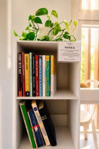 a book shelf with books and a potted plant at Bambu Suites in Puerto Princesa City