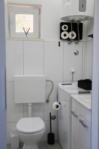 a white bathroom with a toilet and a window at Seba Apartments in Korčula +53 photos