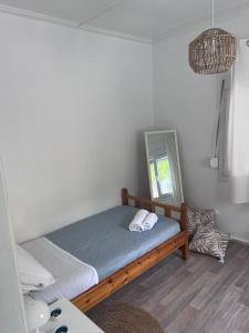 a bedroom with a bed and a mirror at Traditional Grandma's house in Chios