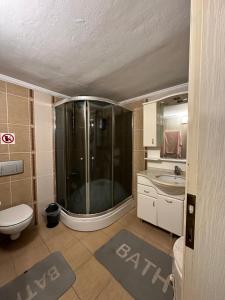 a bathroom with a shower and a toilet and a sink at AiRPORT TO THE HOTEL AND HOME in Pelitli +30 photos
