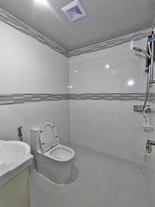 a white bathroom with a toilet and a sink at Heena in Kendhoo