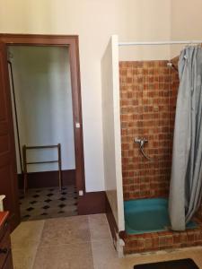 a bathroom with a shower with a glass door at Chateau de Barral - Piscine privée in Hauterives +30 photos