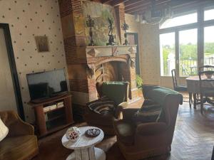 a living room with a fireplace and a television at Le Chalet des Vignes in Saint-Laurent-des-Vignes