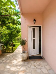 a front door of a house with a potted plant at Apartman VUKAN in Budva