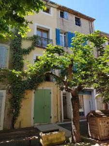 a building with a green door and a tree at Midi À La Place in Rians