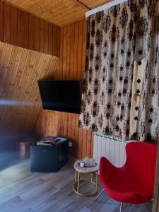 a living room with a red chair and a television at Pensiunea El Plazza in Băile Herculane