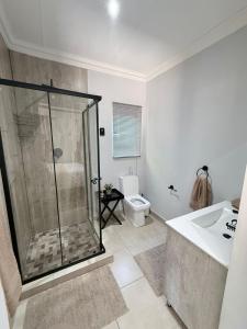 a bathroom with a shower and a sink and a toilet at Modern & Stylish Bachelor Flat in Burgersdorp